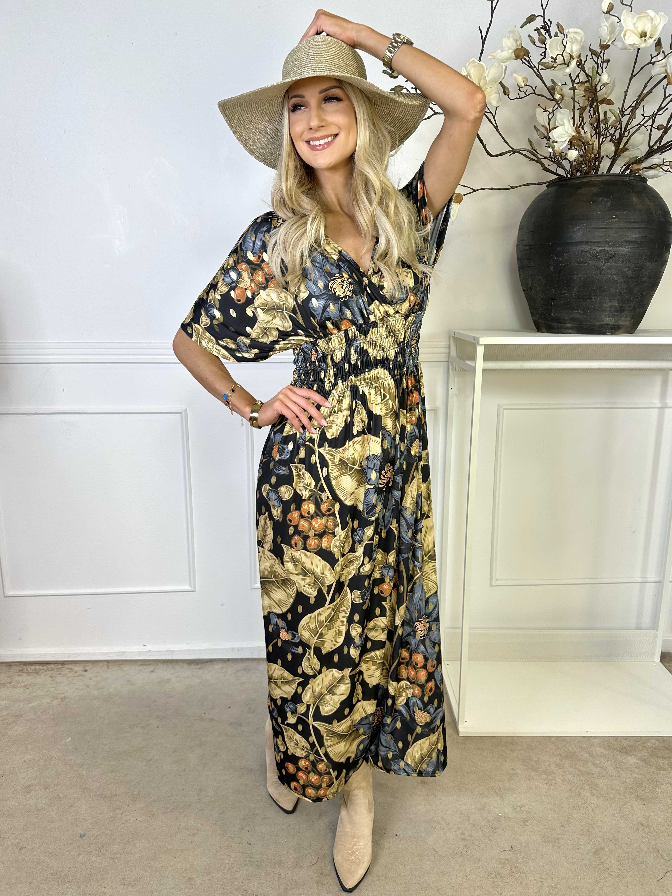 Pams Berry - Lång elastisk klänning med smockad midja